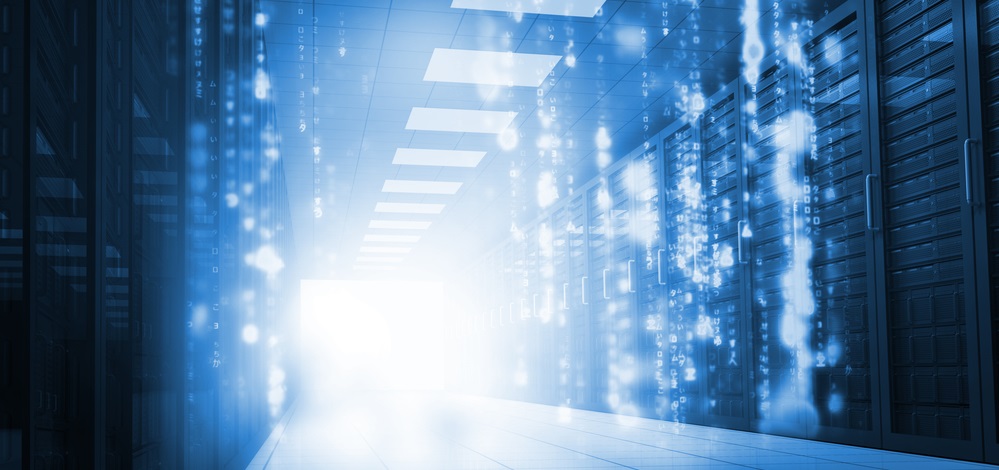 Glowing blue matrix falling in data center